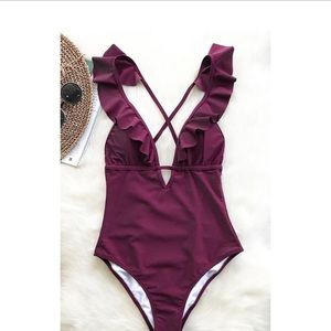 HEART FALBALA ONE-PIECE SWIMSUIT WINE RED LARGE